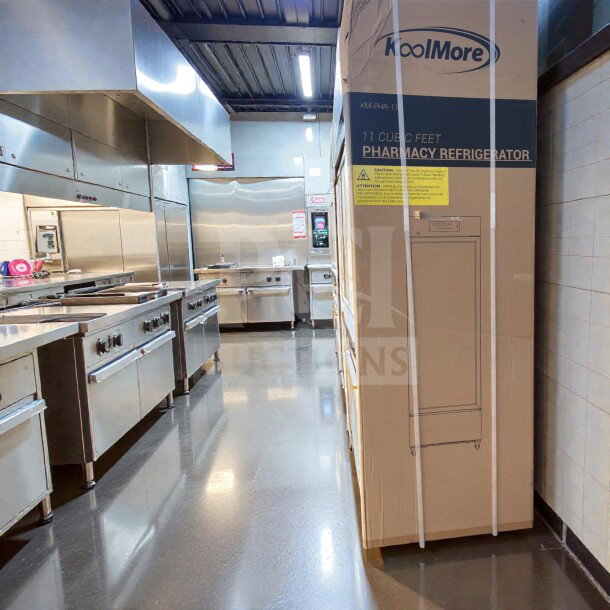 Brand new KoolMore KM-PHR-11C commercial pharmacy refrigerator, 11 cu. ft., UL listed, in original packaging.