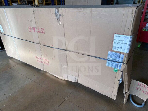 Koolmore 72" refrigerated prep station, Model KM-RBT-72C. Brand new, scratch & dent. Box shows visible damage.