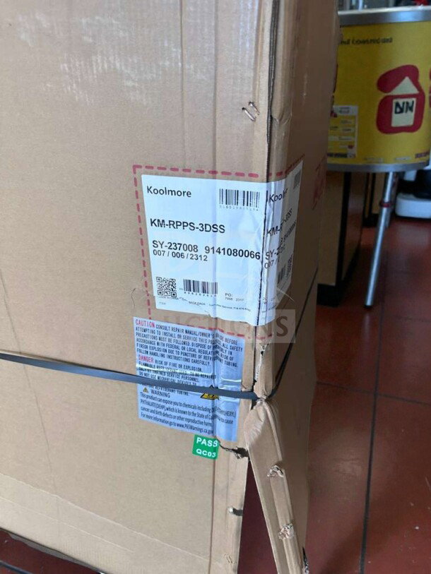 KoolMore KM-RBT-72C refrigerated prep table in carton, labeled scratch and dent, 72" commercial cold table model.