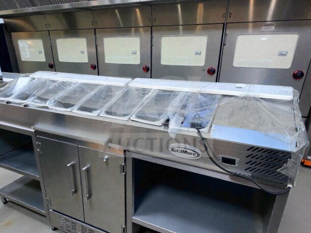Brand new KoolMore SCDC-8P-SG refrigerated prep rail, 8-pan capacity, glass sneeze guard, never used, original box.