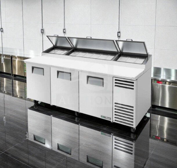 True TPP-93 commercial pizza prep refrigerator, 93”, three doors, superior condition, UL listed, fully tested, 115V.