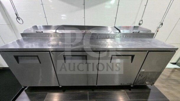 True TPP-93 Commercial Pizza Prep Refrigerator, 93" three-door, stainless steel, superior condition, UL listed, 115V.