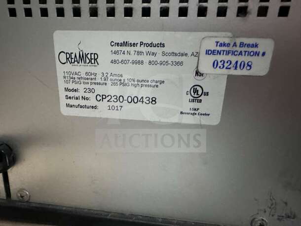 CreaMiser Model 230 dispenser label shows specs: 110VAC, 60Hz, 3.2 Amps, R134a refrigerant. Serial CP230-00438, manufactured 1017.