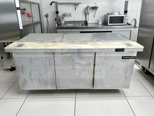 Continental SW72-30M prep table, 72" wide, stainless steel, dual compartments, NSF & UL listed, good condition, tested operational.