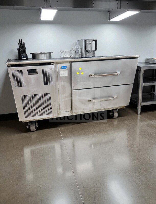 Delfield two-drawer refrigerated chef base in outstanding condition, stainless steel, 115V, fully tested, model DEL-L-RFG-0445.