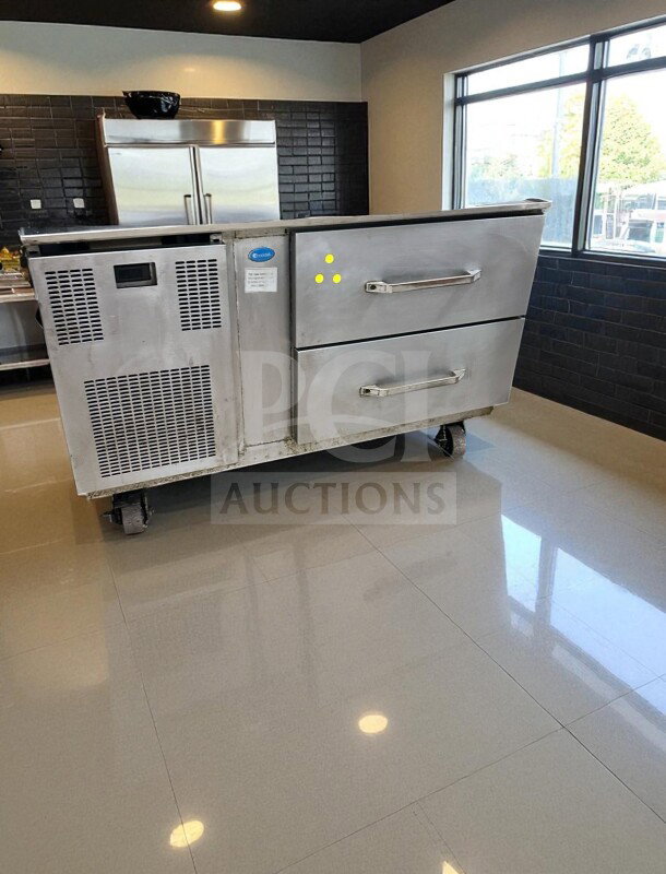 Delfield Two-Drawer Refrigerated Chef Base in stainless steel, 115V, excellent condition, model DEL-L-RFG-0445, fully operational.