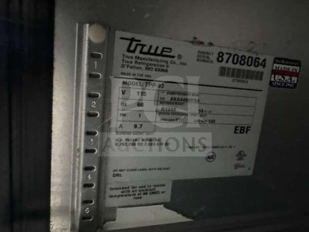True TPP-93 commercial pizza prep table label. Displays model, serial number, voltage, refrigerant details, and NSF logo.
