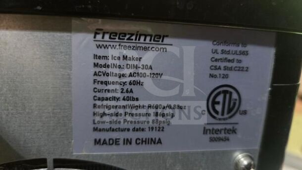 Freezimer Nugget Ice Maker label showing model DIM-30A, 40 lbs/day capacity, Wi-Fi enabled, AC 100-120V, ETL certified.