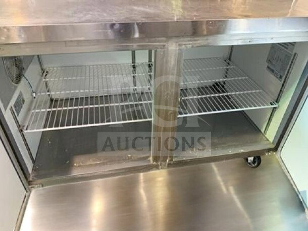 Randell 84120M refrigerated sandwich prep table, dual lid, stainless steel, interior shelves, fully operational, 115V.