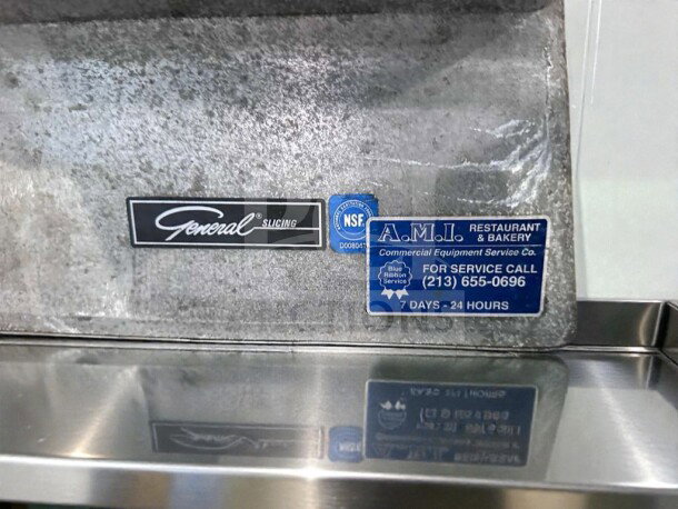 NSF Certified General Slicing Vegetable Slicer, heavy-duty, tested, operational, visible labels for service and certification.