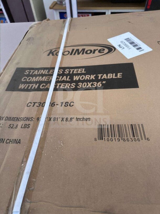 Brand new KoolMore CT3036-18C stainless steel work table with casters, 30" x 36", NSF listed, in original box with labels.