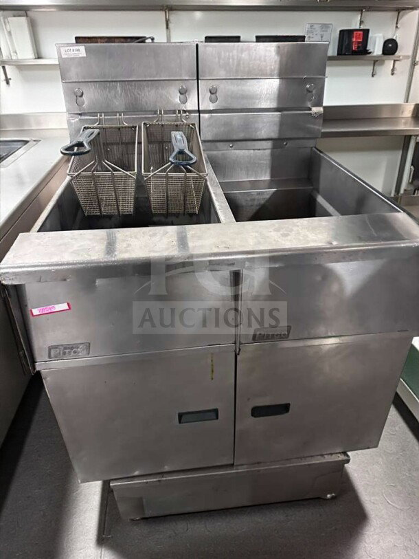 Pitco SG14 commercial gas fryer, 40 lb capacity, stainless steel, excellent condition, NSF & CSA certified, fully operational.