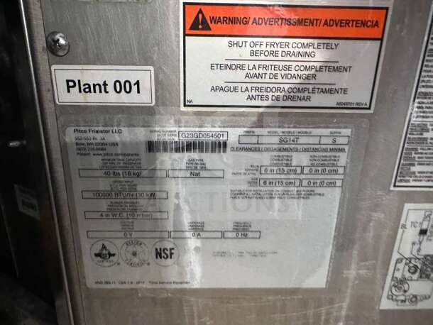 Pitco SG14T commercial gas fryer label, NSF & ETL listed, 40 lb capacity, natural gas, serial G23GD054601, fully tested.