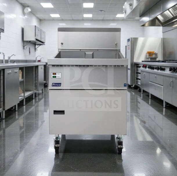 Pitco commercial gas fryer, stainless steel, floor model, superior condition, fully tested, model PIT-L-FRY-0353.