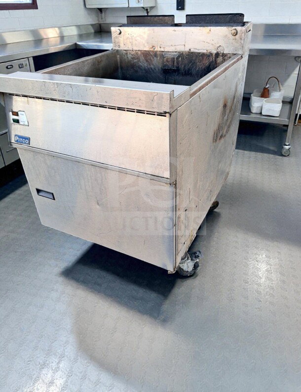 Pitco commercial gas fryer, stainless steel floor model, fully tested, operational, superior condition, visible logo tag.