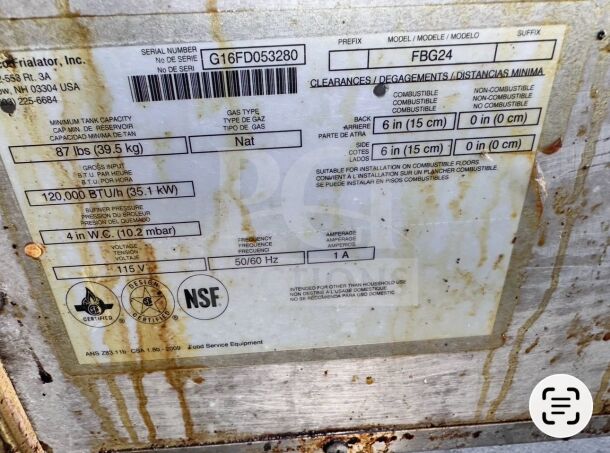 Label on Pitco fryer model FBG24 showing specifications: serial G16FD053280, natural gas, 120,000 BTU/h, 115V, NSF certified.