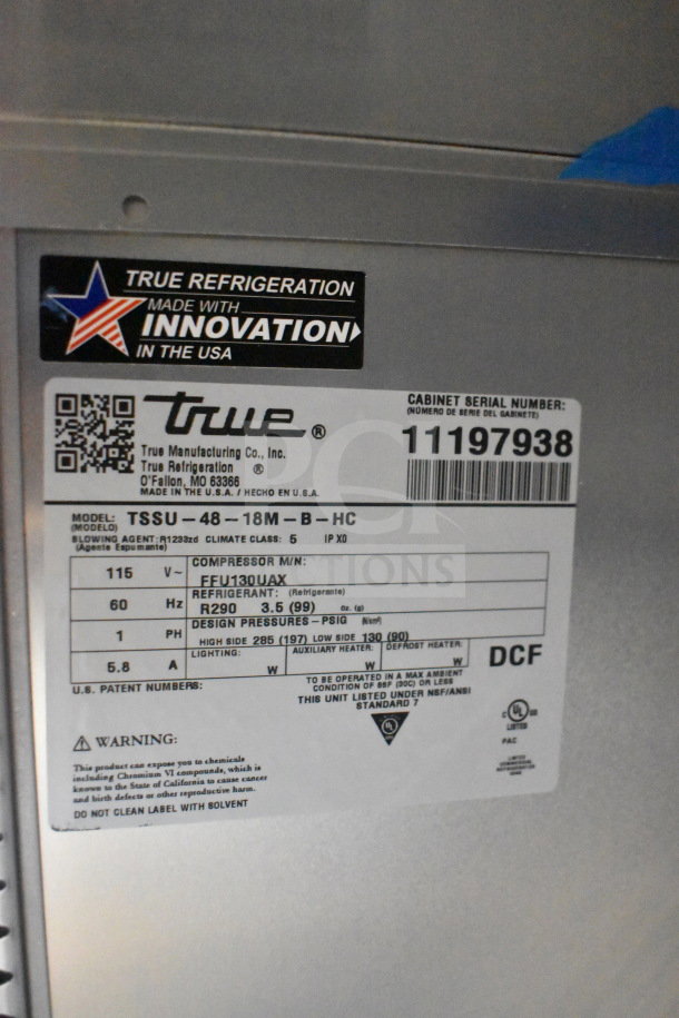 "True TSSU-48-18M-B-HC sandwich prep table label showing model, voltage, refrigerant, and safety warning information."