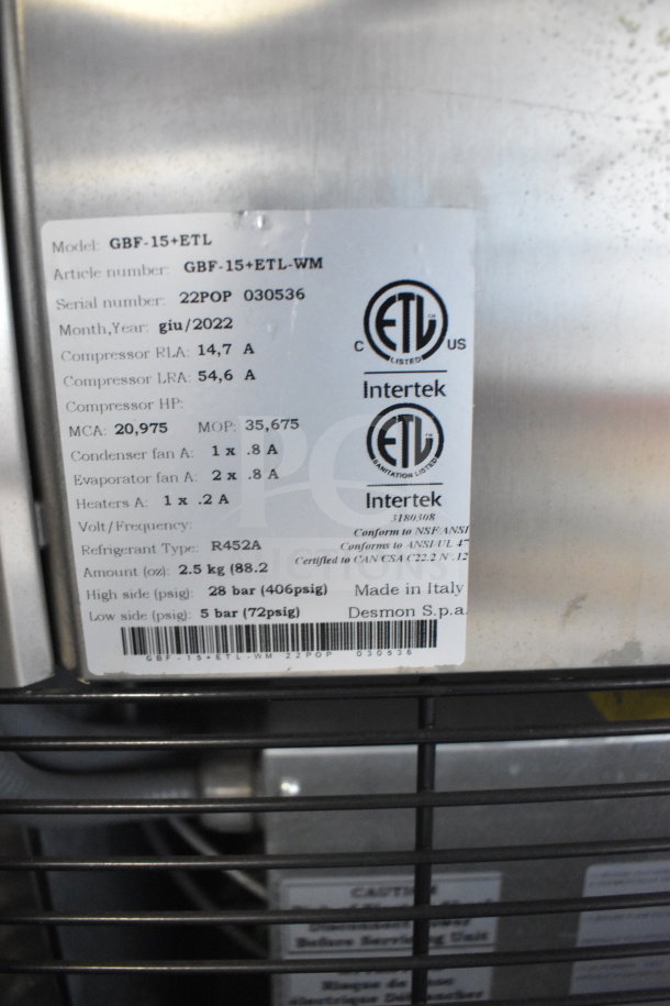 2021 Desmon GBF-15+ETL stainless steel commercial blast chiller. Features 4 probes, 220V, 3-phase. Made in Italy.