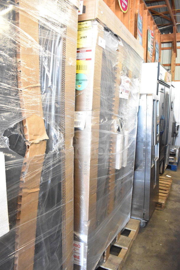True TVM-48SL-HC cooler merchandiser, scratch and dent condition, wrapped in packaging, labels indicate 115V, 1 phase.