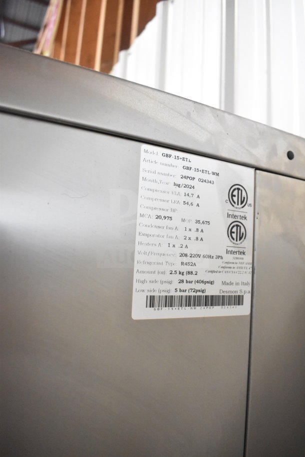 2024 Desmon GBF-15+ETL stainless steel blast chiller shock freezer, 220V, 3 phase, with 4 probes. Model tag visible.