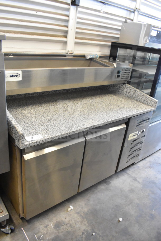 KoolMore KM-RPPS-2D59-GRT 59 in. commercial refrigerated granite top pizza prep station, stainless steel, on casters.