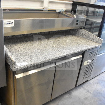 KoolMore KM-RPPS-2D59-GRT 59 in. commercial refrigerated granite top pizza prep station, stainless steel, on casters.