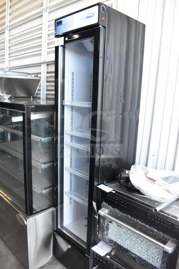 Brand new KoolMore KM-MDR-17S slim commercial refrigerator, 7 Cu. Ft., black, marked "scratch and dent", 115V, 1 phase.