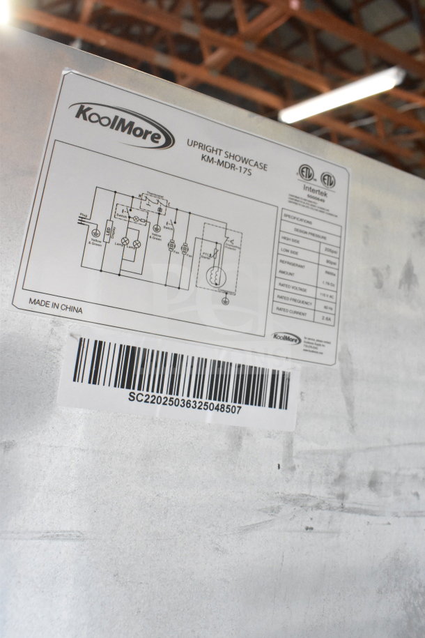 KoolMore KM-MDR-17S merchandiser refrigerator label showing model info and barcode, 115V, 1 phase, made in China.