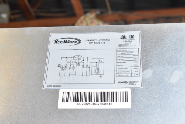 KoolMore KM-MDR-17S refrigerator label, showing specifications: 115V, 7 Cu. Ft., refrigerant R600a, 60 Hz, 2.6A. Made in China.