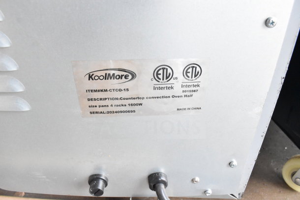 KoolMore KM-CTCO-15 countertop convection oven label showing model, description, serial number, and ETL certifications.