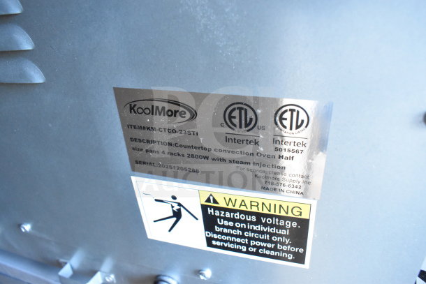 KoolMore KM-CTCO-23STI countertop convection oven label. Brand new, scratch and dent, 2800W power, steam injection.