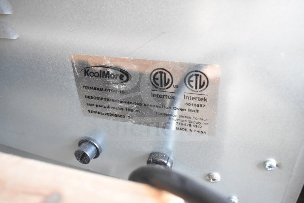 BRAND NEW 2025 KoolMore KM-CTCO-15 countertop convection oven, 23 in., fits half-size pans, 4 racks, 1600W, marked "Made in China."