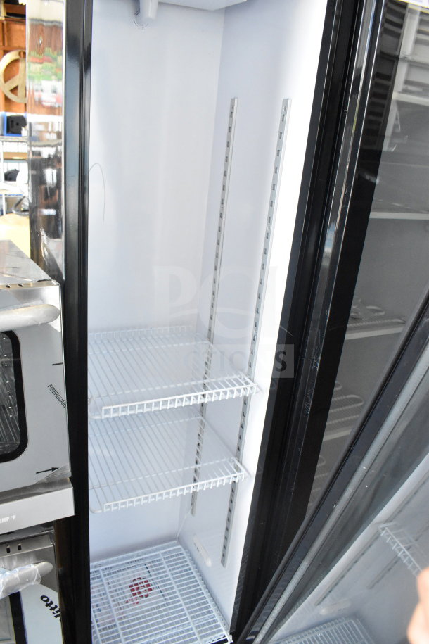 Brand new KoolMore KM-MDR-17S 17 in. slim commercial refrigerator, black, 7 cu. ft., 110-120V, shelves visible, excellent condition.