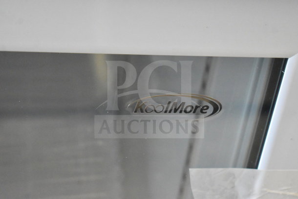 Brand new KoolMore KM-PHR-45C 24" medical pharmacy refrigerator with KoolMore logo, featuring multi-level emergency alarms.