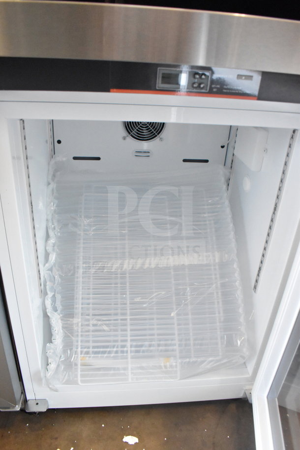 BRAND NEW KoolMore KM-PHR-45C pharmacy refrigerator, 24 in., 4.5 cu. ft. capacity, 115 volts, with shelf, interior shown.