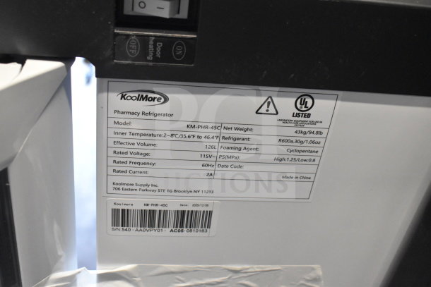 BRAND NEW 2025 KoolMore KM-PHR-45C medical refrigerator. 4.5 cu. ft., emergency alarms, scratch and dent, 115V, UL listed.