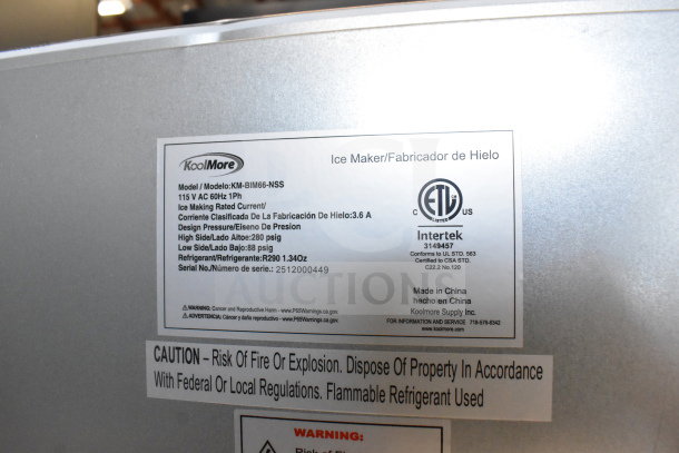 2025 KoolMore KM-BIM66-NSS 15" nugget ice maker, 66lb/day, with drain pump. Label shows 115V, 1 phase details and safety warnings.