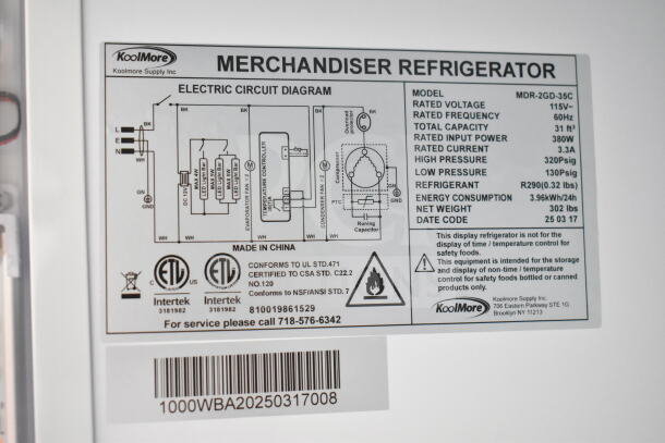 BRAND NEW KoolMore MDR-2GD-35C merchandiser fridge, 35 Cu. Ft., 115V. Features model and electrical specs label.