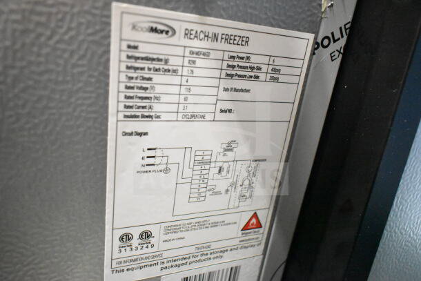 KoolMore KM-MDF46GD commercial freezer label showing specifications and diagrams, scratch and dent condition.