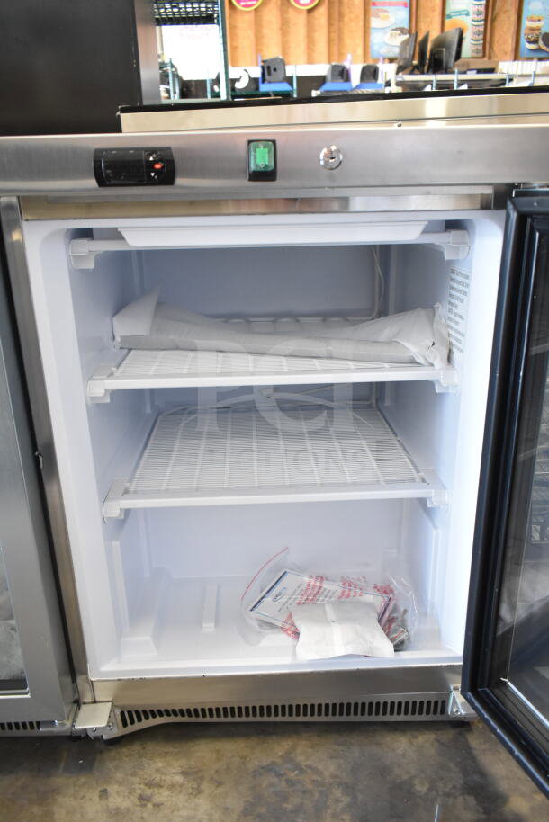 Brand new KoolMore KM-MDF46GD 24" commercial countertop display freezer, 4.6 cu. ft., with adjustable shelves.