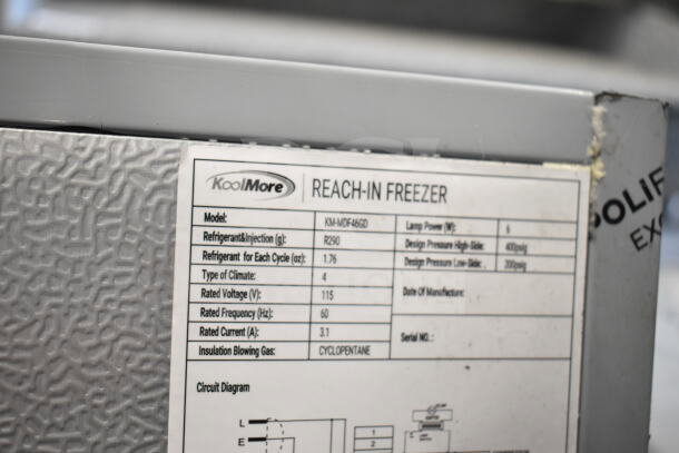 BRAND NEW KoolMore KM-MDF46GD 24" Commercial Display Freezer. 4.6 Cu. ft., 115V, scratch and dent condition. Model label shown.
