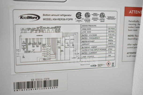 KoolMore KM-RER36-FDPR tag showing model, voltage, frequency, refrigerant details, design pressure, and energy certifications.