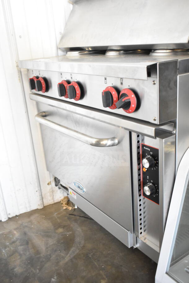 KoolMore Commercial 6 Burner Hot Plate Range with oven, over shelf, brand new, slight scratches and dents, model label visible.