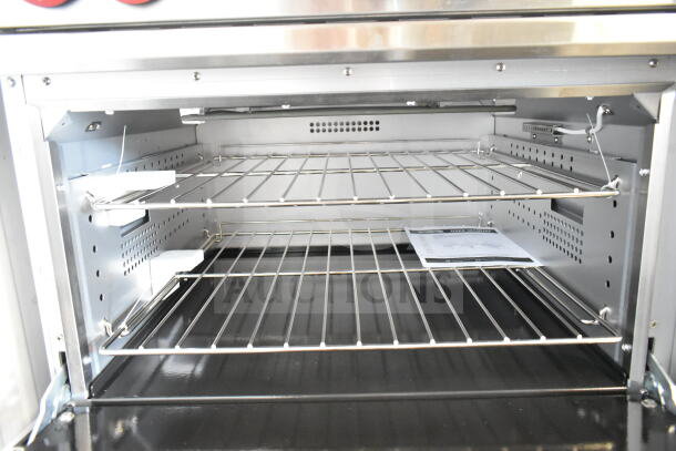 KoolMore Commercial 6 Burner Hot Plate Range with Oven and Over Shelf, brand new, visible documentation inside.