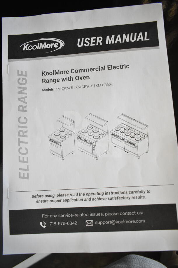 KoolMore user manual for commercial electric range models KM-CR24-E, KM-CR36-E, KM-CR60-E. Includes contact info.