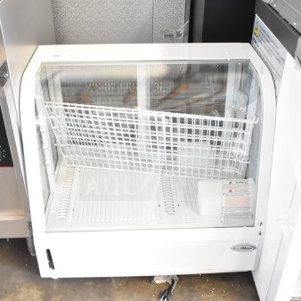 Brand new KoolMore CDC-3C-WH countertop display refrigerator, 3.6 Cu Ft, 115 Volts, visible warning label, minor scratches.