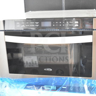 Brand new scratch and dent KoolMore countertop drawer microwave oven, 115 volts, 1 phase, with digital display and control panel.