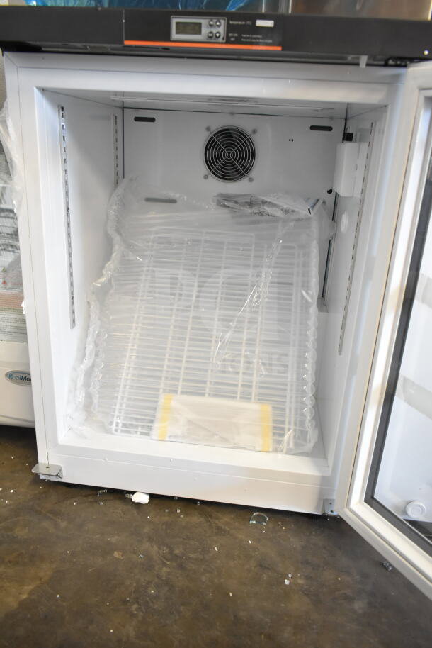 Brand new KoolMore KM-PHR-45C 4.5 cu ft electric medical refrigerator merchandiser, 115V, with visible shelf and fan.