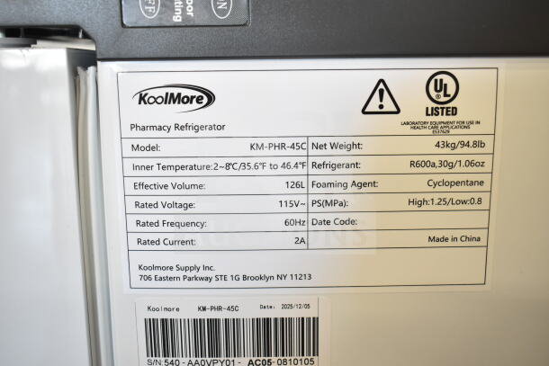 Brand new KoolMore KM-PHR-45C 4.5 cu ft electric medical refrigerator, 115V, model details and specs shown on label.