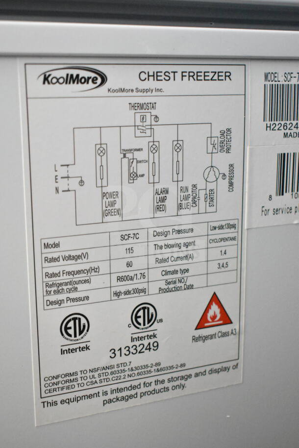 KoolMore SCF-7C 37 in. commercial chest freezer label showing 115V, R600a refrigerant, and 7 cu ft capacity. Scratch and dent condition.